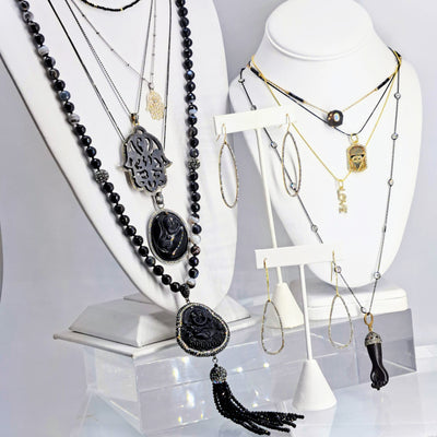 "Black Is Beautiful" Pendant Necklace - Glass, Swarovski, Agate
