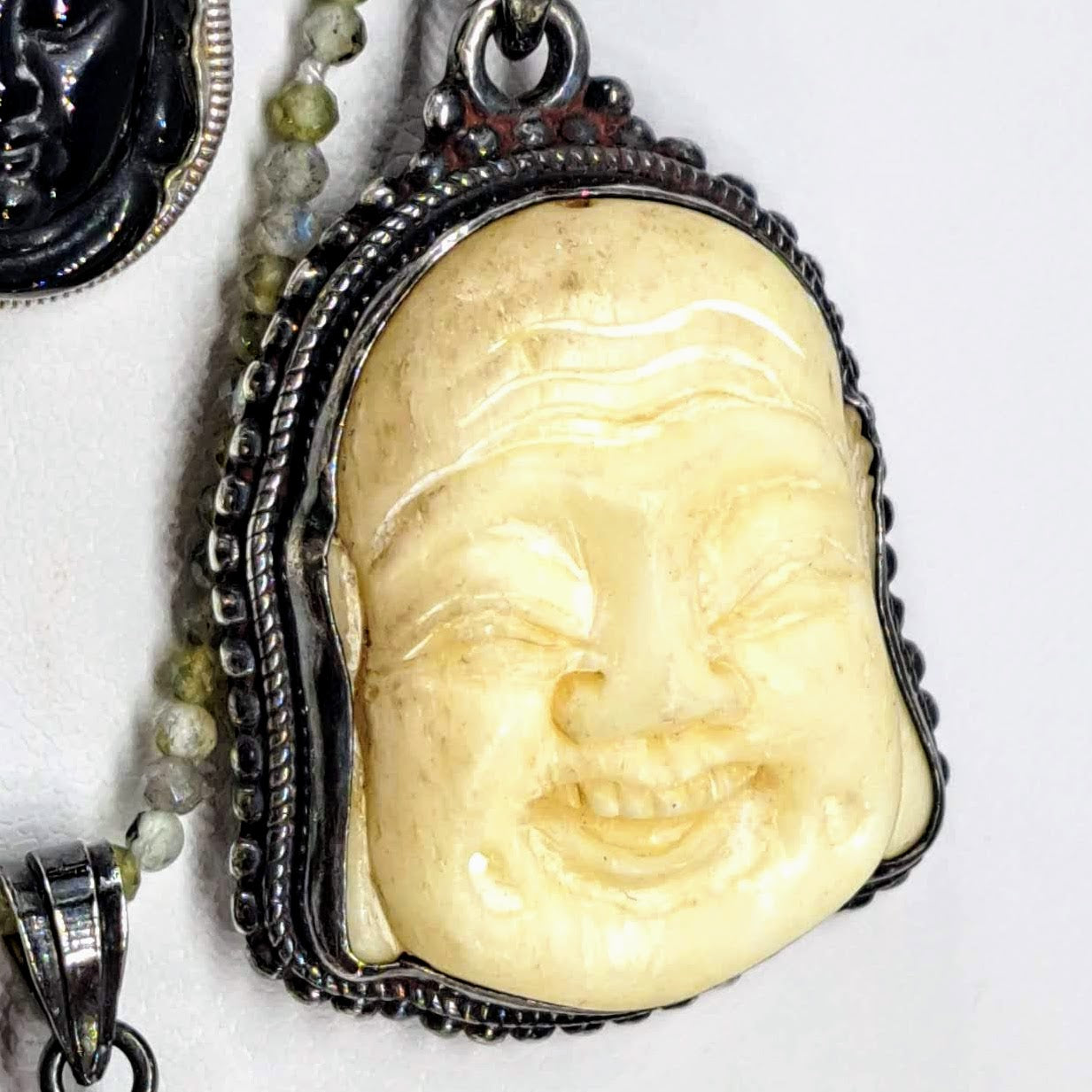 "Smiley Face Buddha" Pendant Necklace - Bone, Leather, Sterling