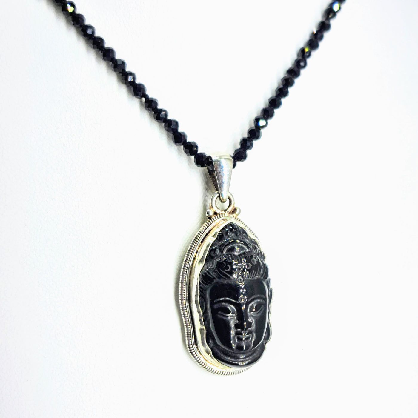 "Quan Yin" Pendant Necklace - Obsidian, Spinel, Sterling.