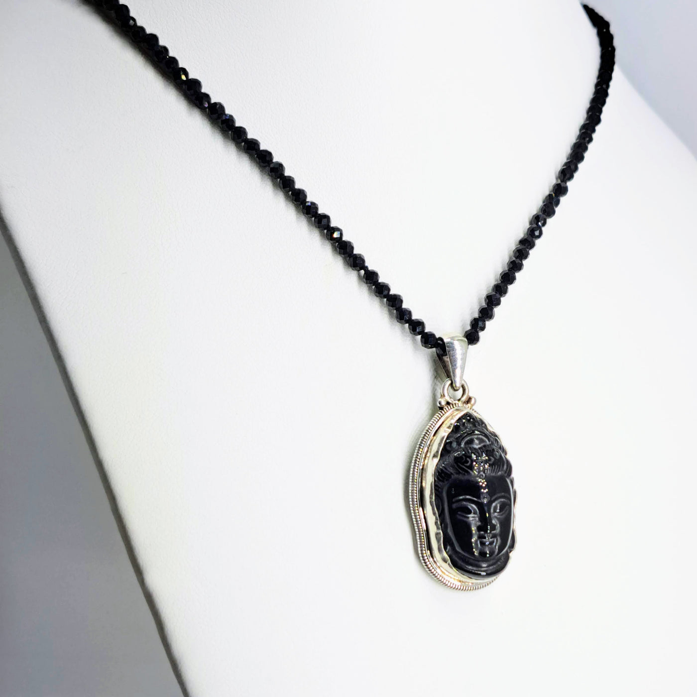 "Quan Yin" Pendant Necklace - Obsidian, Spinel, Sterling.