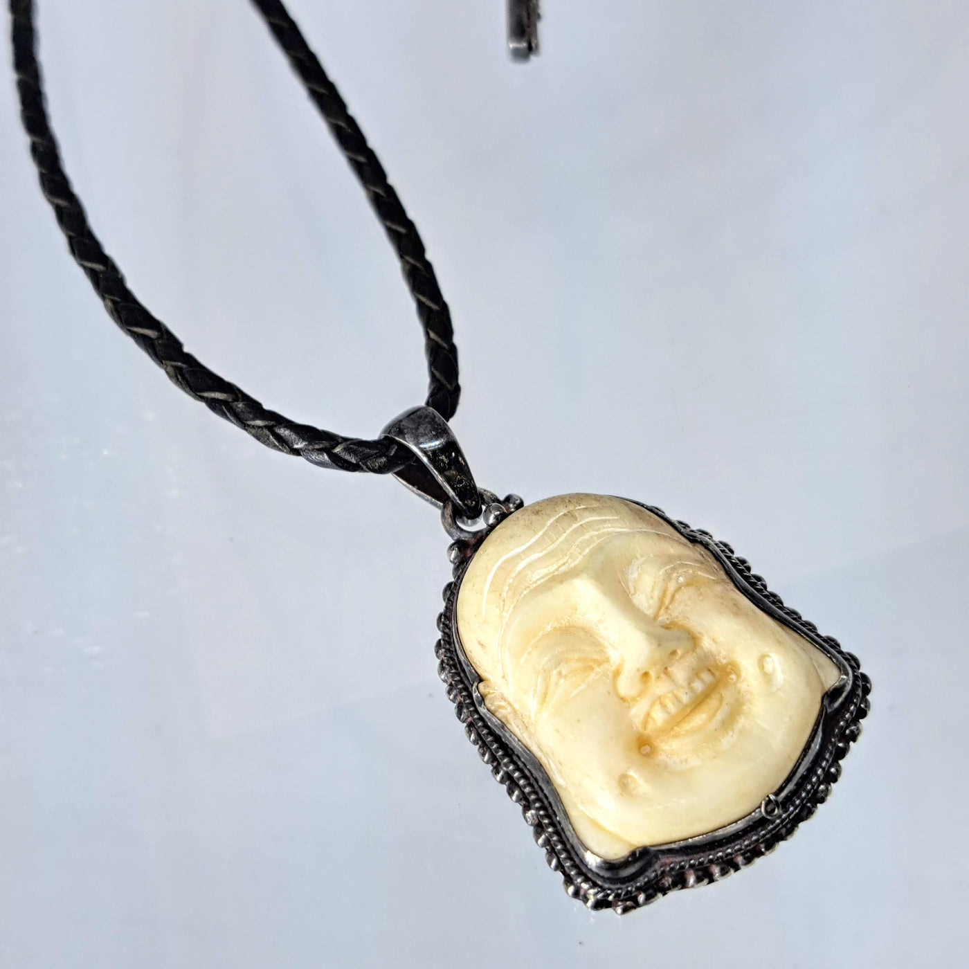 "Smiley Face Buddha" Pendant Necklace - Bone, Leather, Sterling