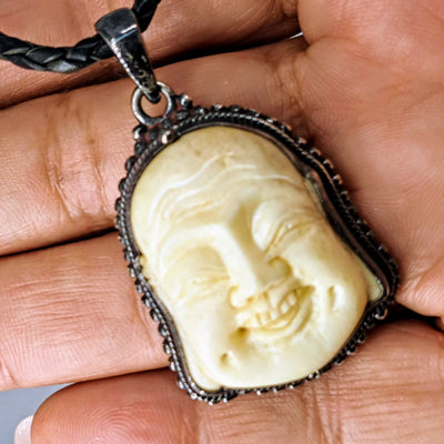 "Smiley Face Buddha" Pendant Necklace - Bone, Leather, Sterling