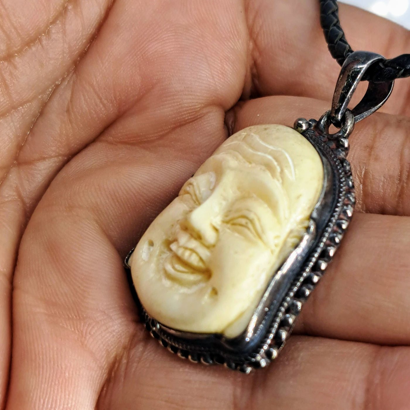 "Smiley Face Buddha" Pendant Necklace - Bone, Leather, Sterling