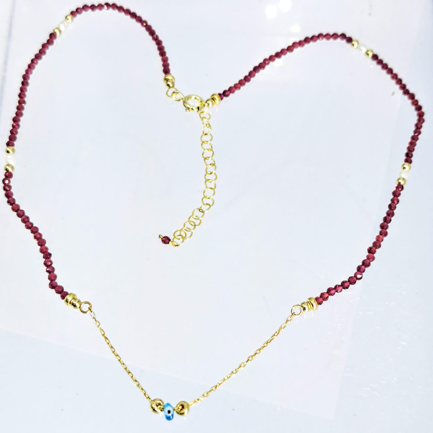 "Sweet Eye" -16"-18" Necklace - Rhodolite Garnet, Pearls, Lamp-worked Glass, 18k Gold Sterling