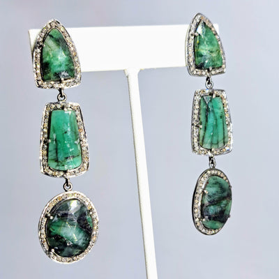 "Super Greens" 3" Earrings - Emerald, Diamond, Black Sterling