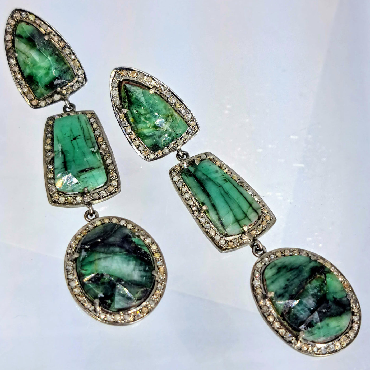 "Super Greens" Earrings - Emerald, Diamond, Black Sterling