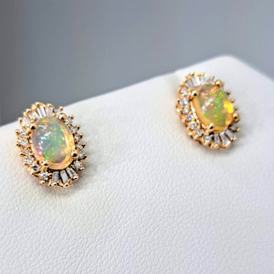 "My Sunshine Studs" .5" Earrings - 14K Rose Gold, Diamond, Opal