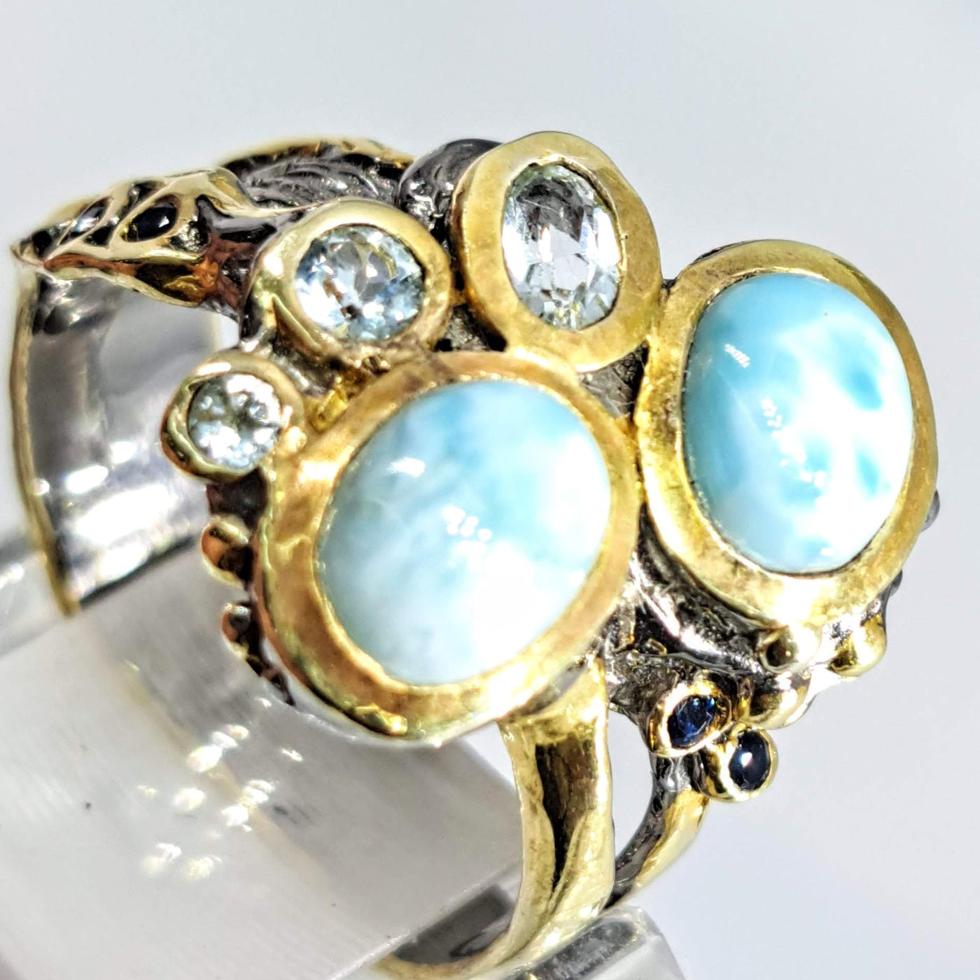 "Seafoam Stunner" Sz 8 Ring - Larimar, Topaz, Sapphire, Black Sterling, 18K