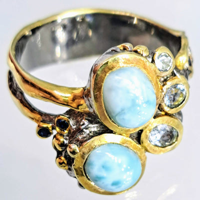"Seafoam Stunner" Sz 8 Ring - Larimar, Topaz, Sapphire, Black Sterling, 18K