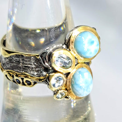 "Seafoam Stunner" Sz 8 Ring - Larimar, Topaz, Sapphire, Black Sterling, 18K