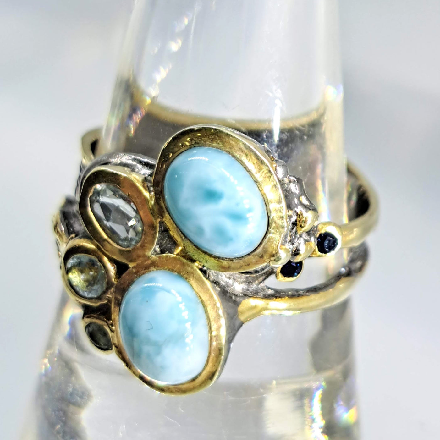 "Seafoam Stunner" Sz 8 Ring - Larimar, Topaz, Sapphire, Black Sterling, 18K