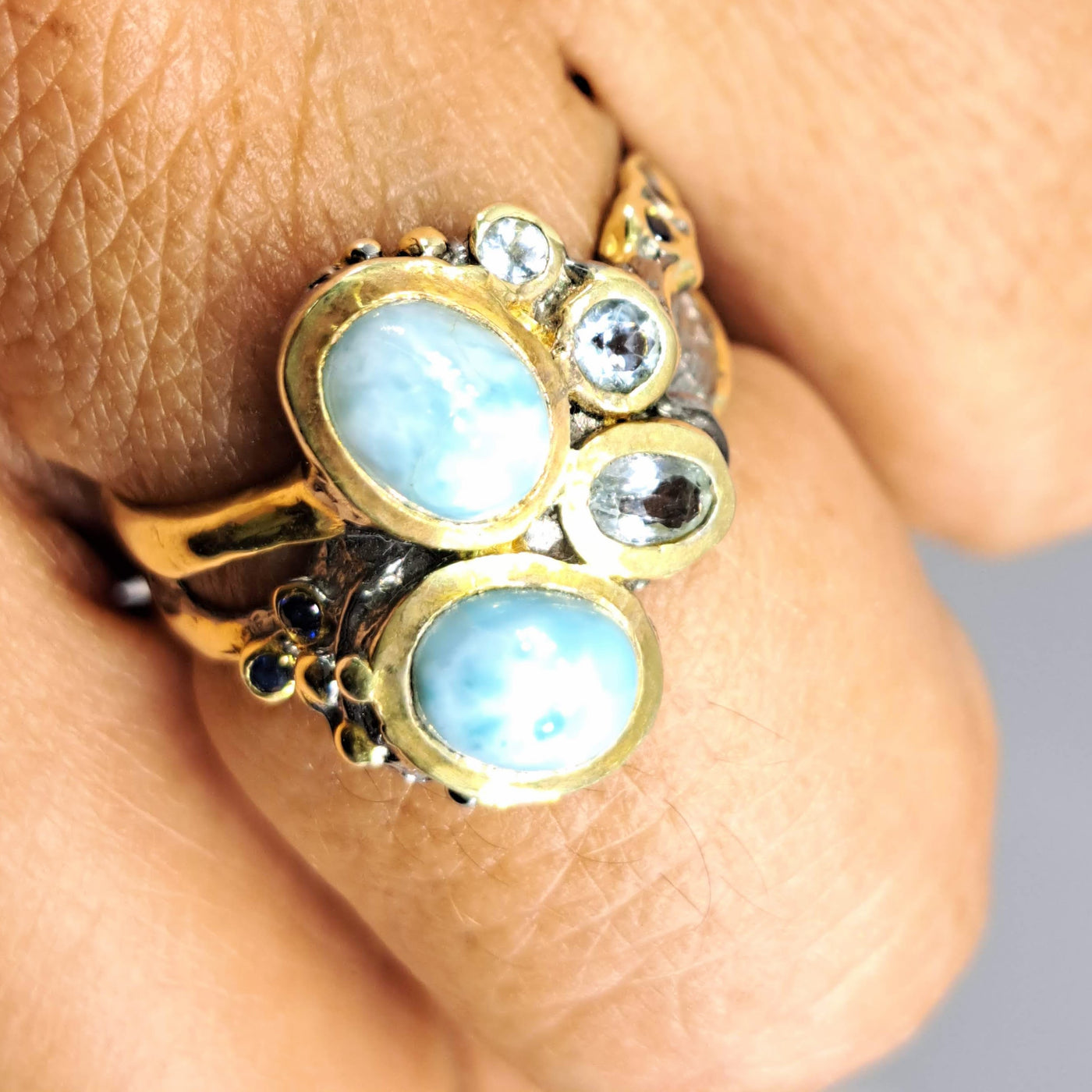 "Seafoam Stunner" Sz 8 Ring - Larimar, Topaz, Sapphire, Black Sterling, 18K
