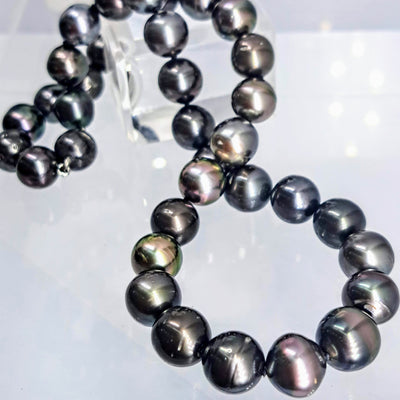 "Be Smolder" 17.5" Necklace- Tahitian Pearls, Silk, Oxidized Ball Clasp