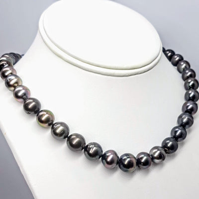 "Be Smolder" 17.5" Necklace- Tahitian Pearls, Silk, Oxidized Ball Clasp