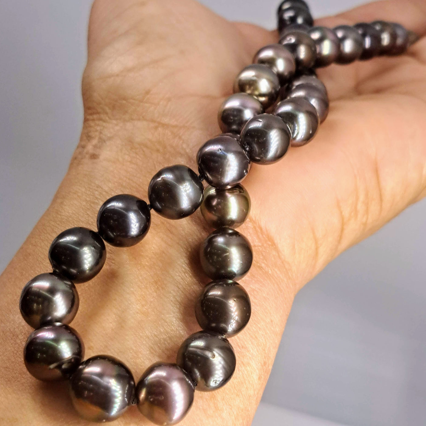 "Be Smolder" 17.5" Necklace- Tahitian Pearls, Silk, Oxidized Ball Clasp