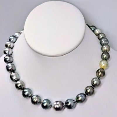"Silver Fox" 16" Necklace- Tahitian Pearls, 18K Gold Ball Safety Clasp