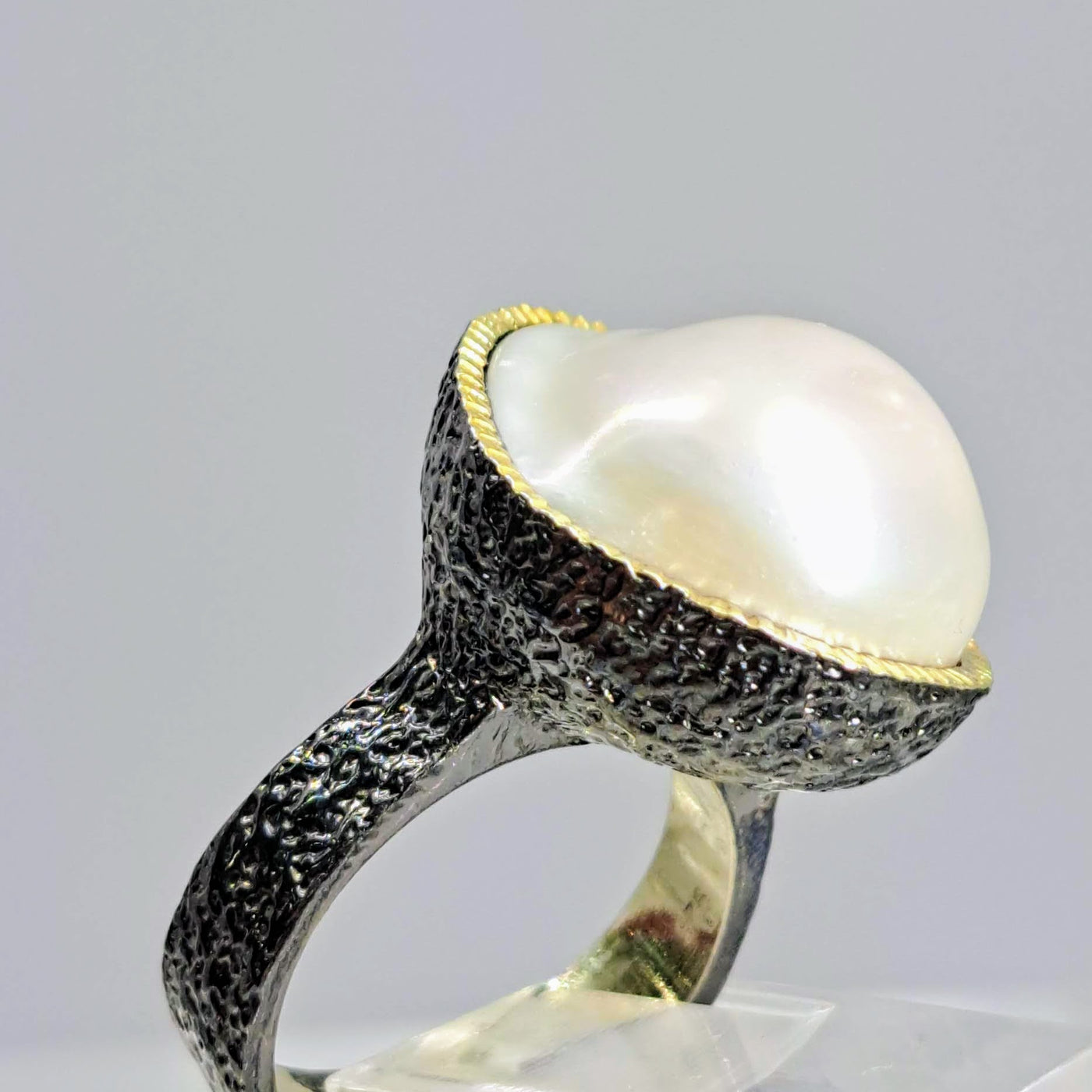"Yes, Mama!" Sz 8.5 Ring - Baroque Pearl, Black Sterling, 18k