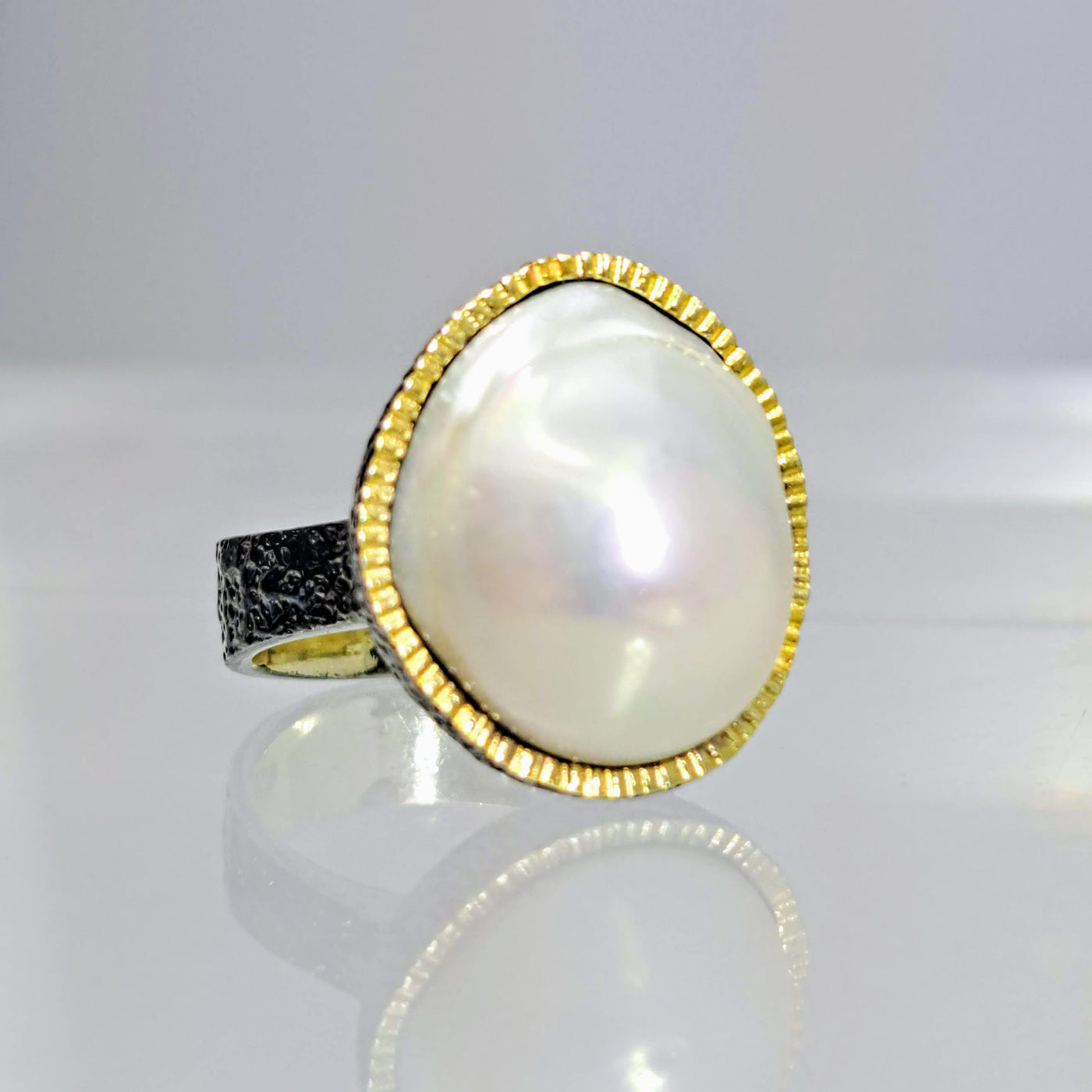 "Yes, Mama!" Sz 8.5 Ring - Baroque Pearl, Black Sterling, 18k