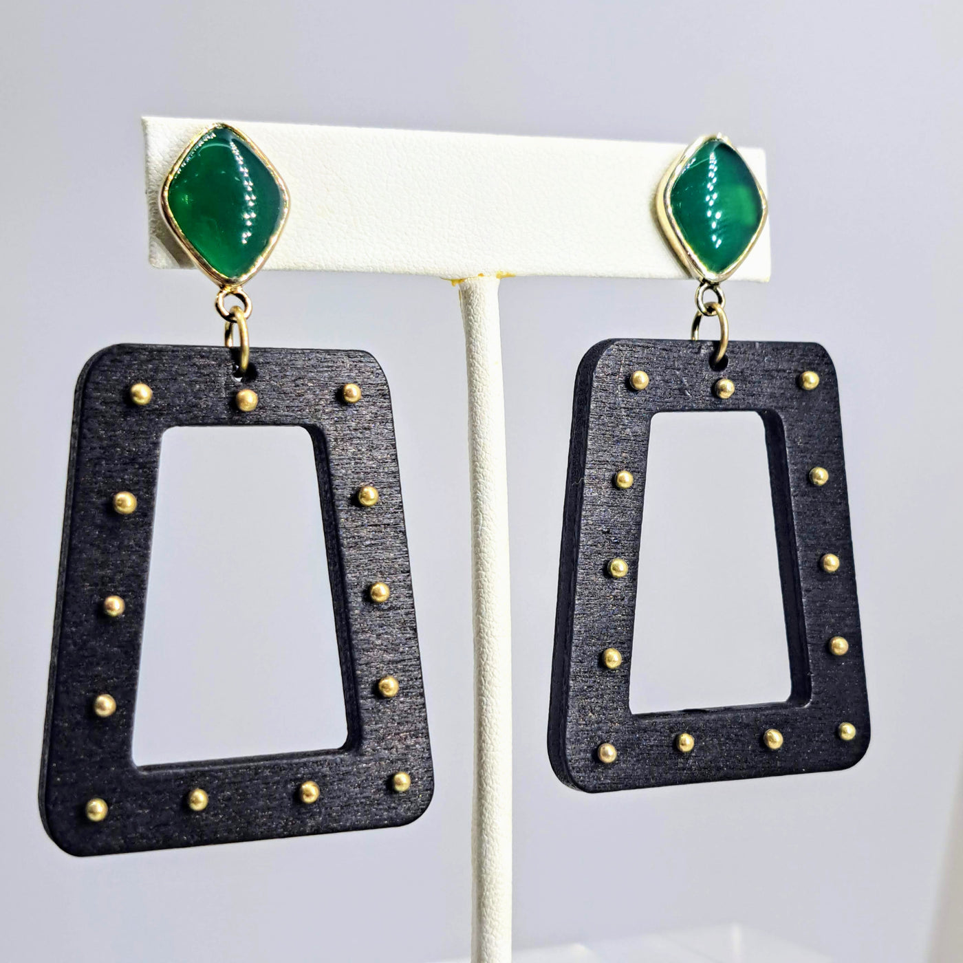 "Rodeo Darlings" 3" Earrings - Green Onyx, Wood, Brass, Gold Sterling (by Barb)