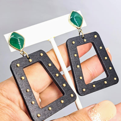"Rodeo Darlings" 3" Earrings - Green Onyx, Wood, Brass, Gold Sterling (by Barb)