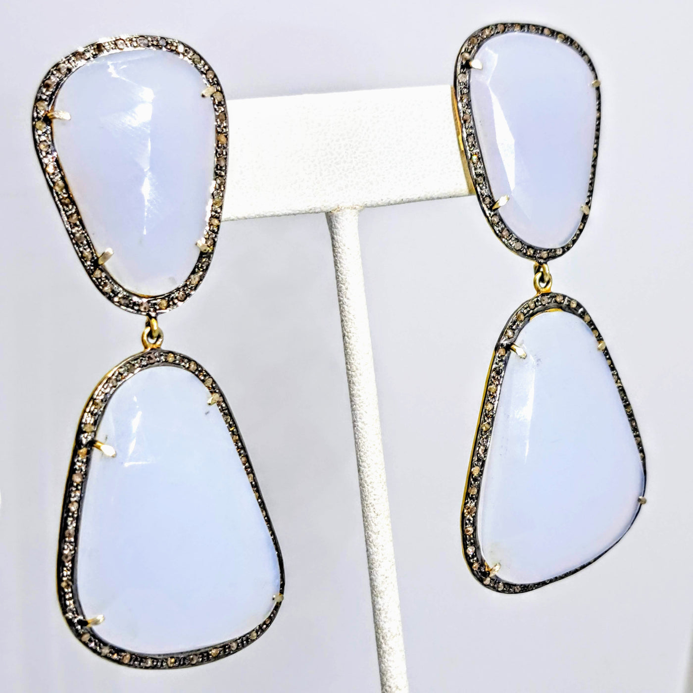 "Softies" 2.5" Earrings - Lavender Chalcedony, Diamonds, Gold + Oxidized Sterling
