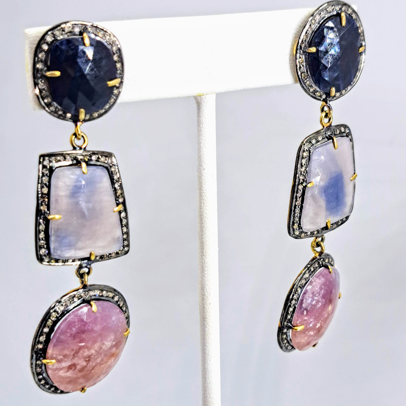 "Twilight Surprise" 2.75" Earrings - Sapphire, Diamonds, Sterling, 18k Gold Accents