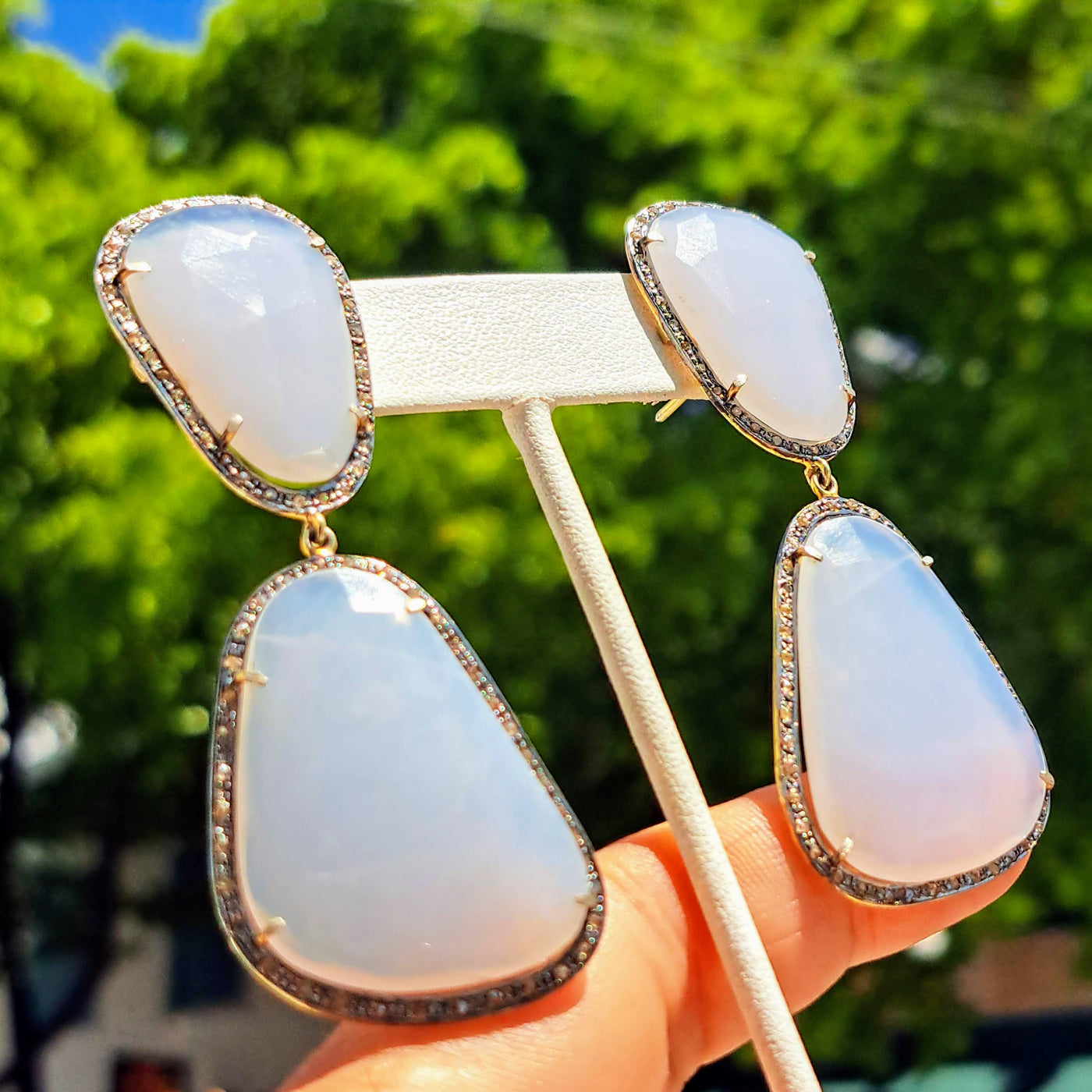 "Softies" 2.5" Earrings - Lavender Chalcedony, Diamonds, Gold + Oxidized Sterling
