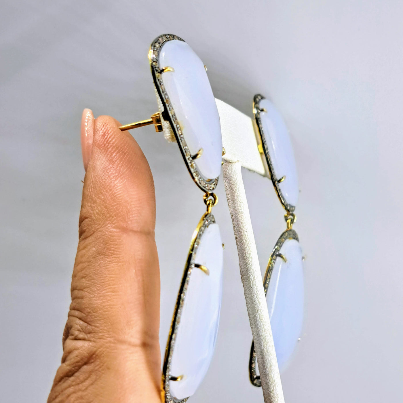 "Softies" 2.5" Earrings - Lavender Chalcedony, Diamonds, Gold + Oxidized Sterling