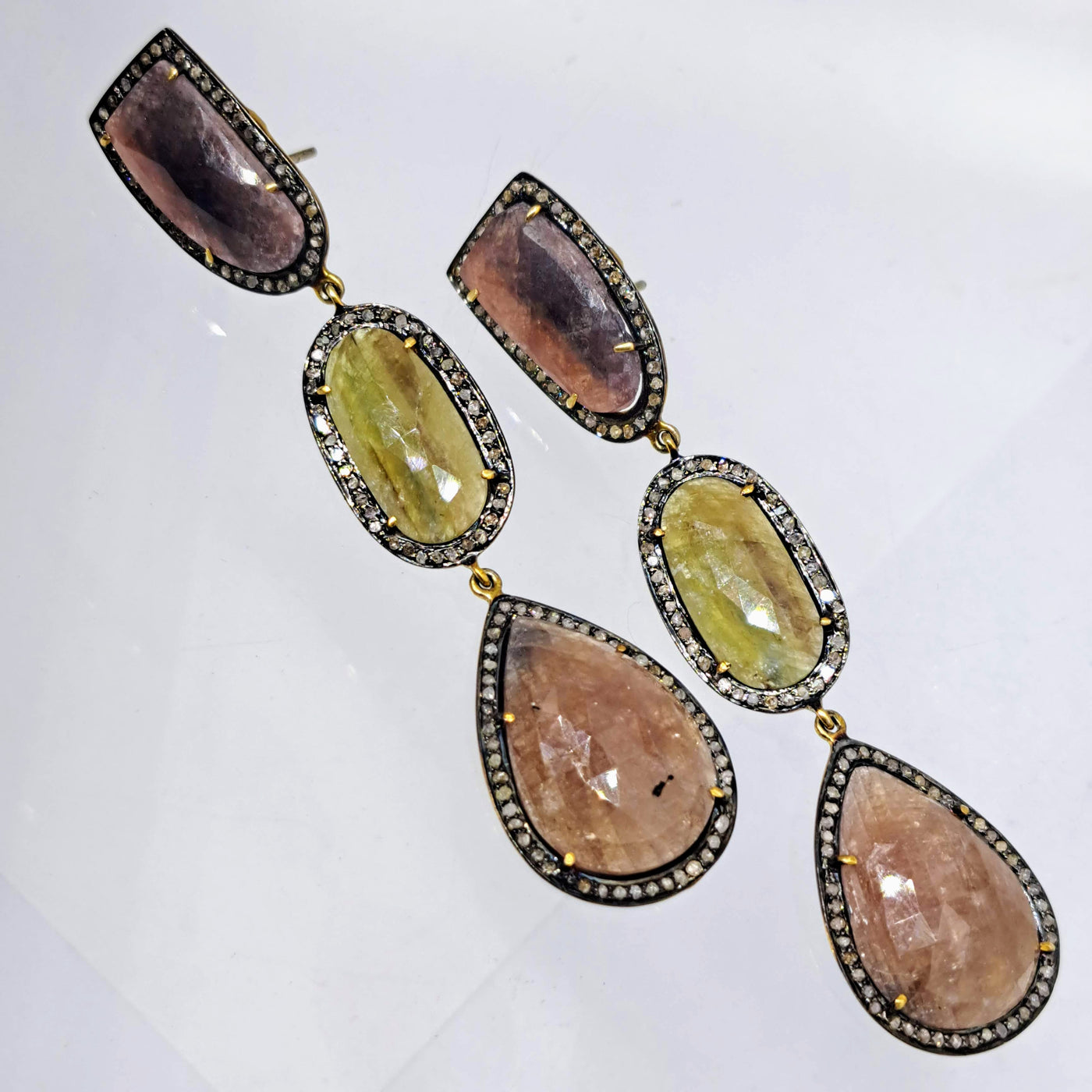 "Sundown Stunners!" 3" Earrings - Sapphire, Ruby, Raw Diamonds, Oxidized Sterling, 18k Gold