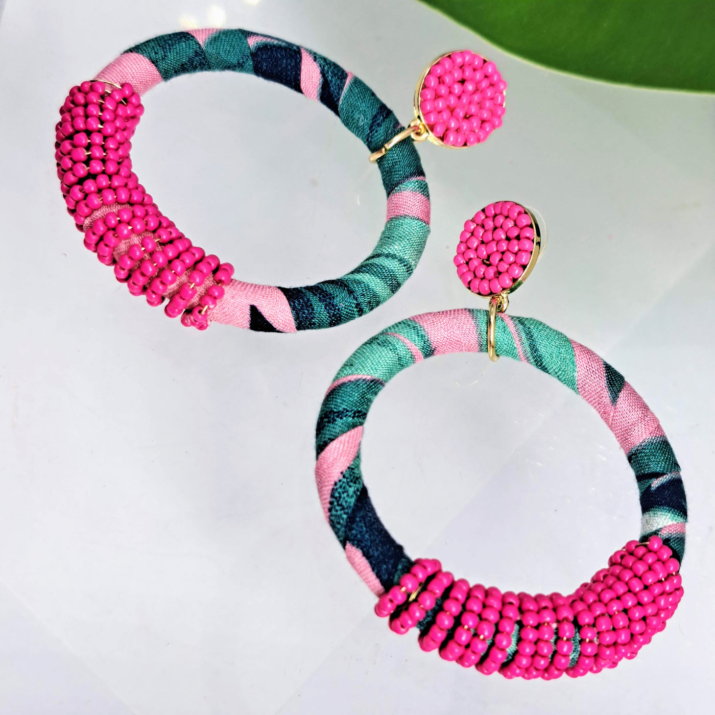 "Tropical Treats" 2.75" Earrings - (Aqua or Fuchsia) Fabric, Beads, Hypoallergenic