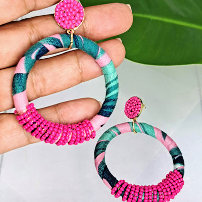 "Tropical Treats" 2.75" Earrings - (Aqua or Fuchsia) Fabric, Beads, Hypoallergenic