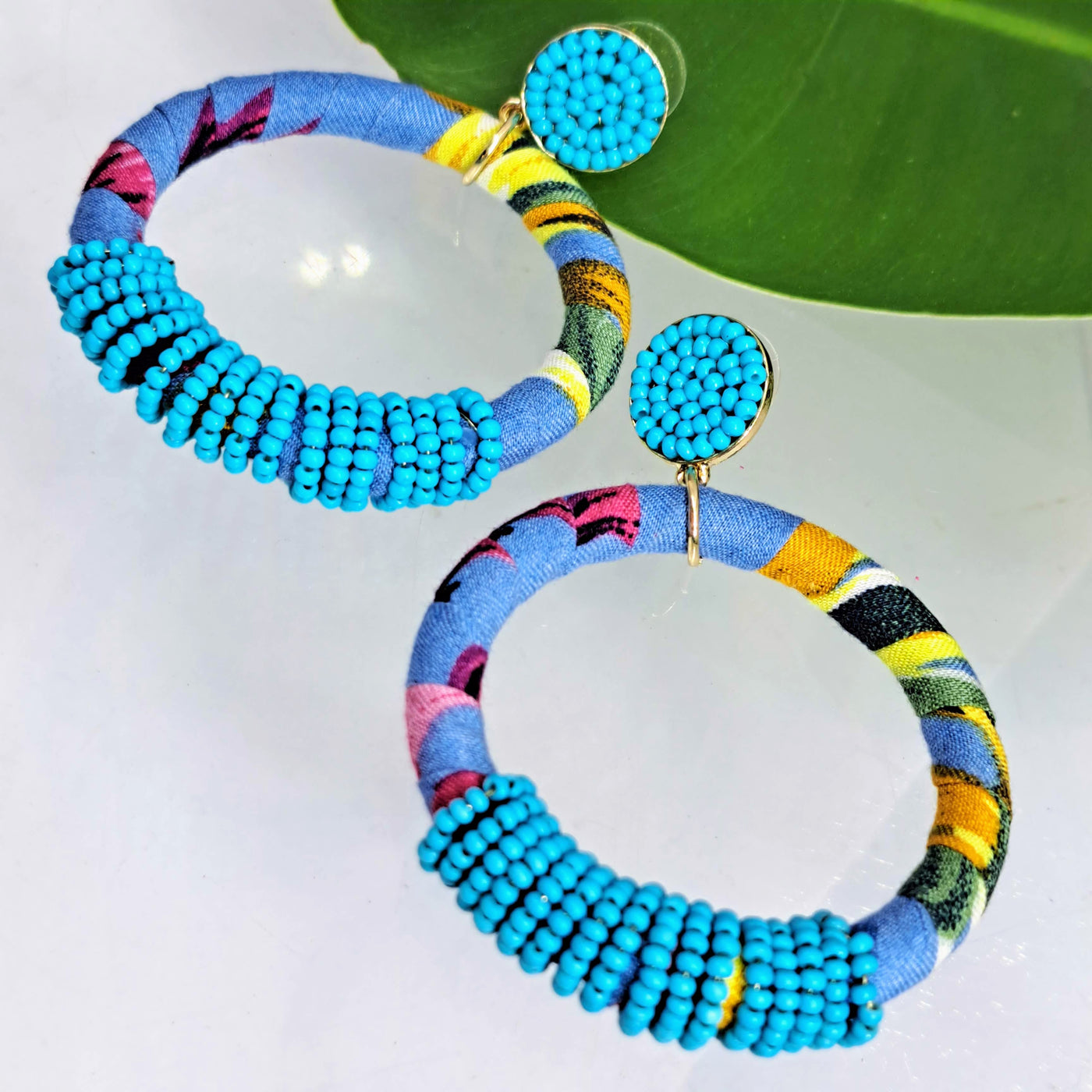 "Tropical Treats" 2.75" Earrings - (Aqua or Fuchsia) Fabric, Beads, Hypoallergenic