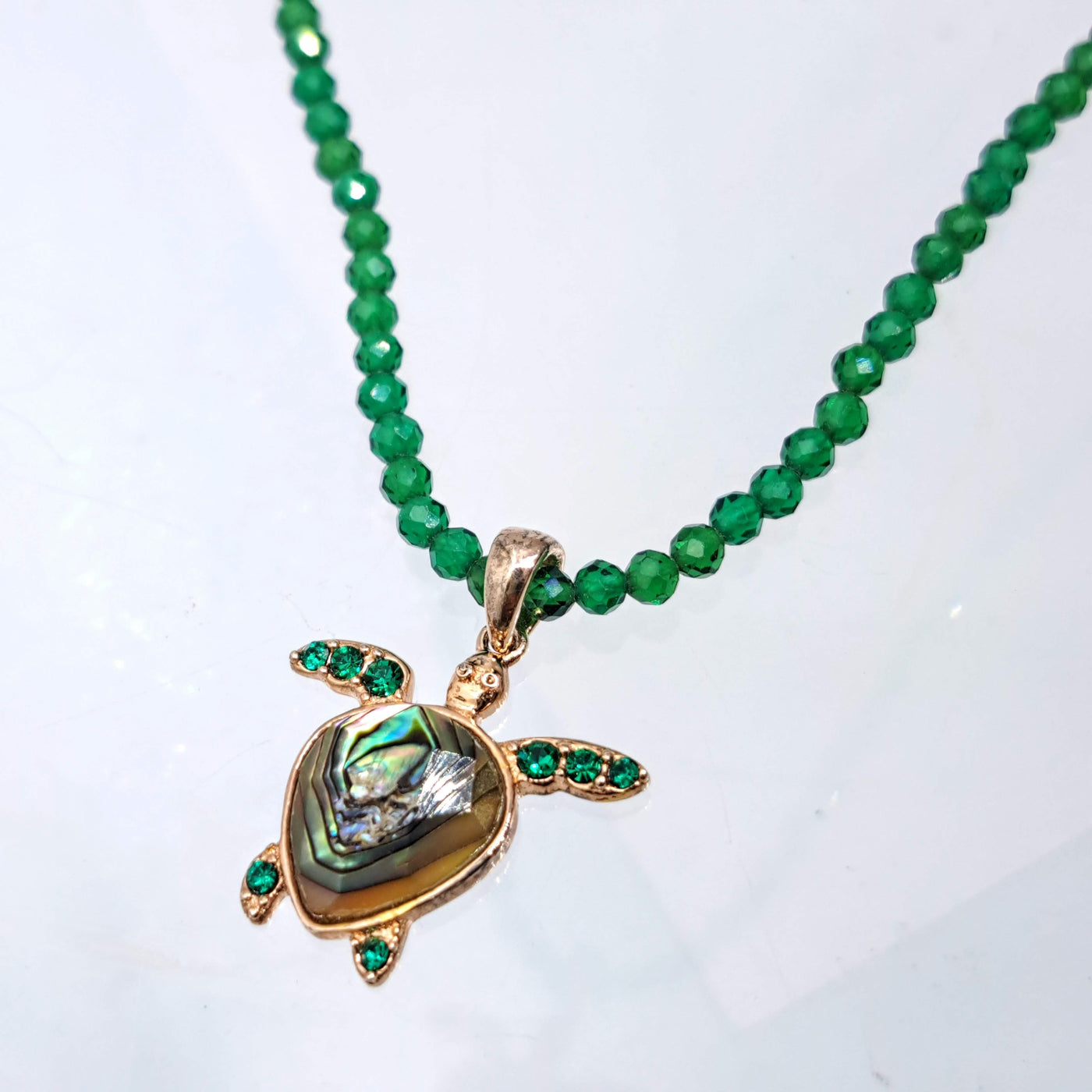 "Green Turtle Soup" 16-18" Necklace - Paua Shell, Green Onyx Crystal, Rose Gold Sterling