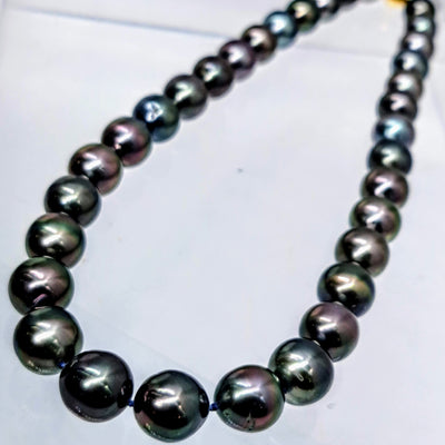 "Black Cherry" 18" Necklace - Tahitian Pearls, Silk, 18k Ball Clasp