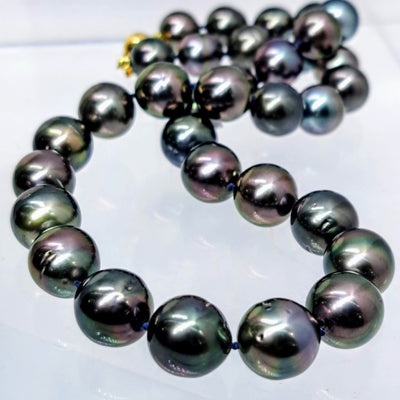 "Black Cherry" 18" Necklace - Tahitian Pearls, Silk, 18k Ball Clasp