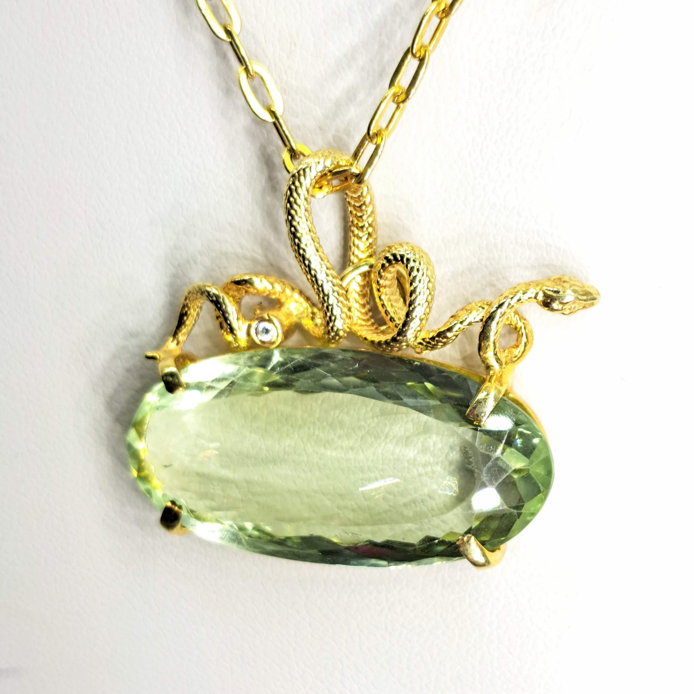 "Come, Slither!" 20-22" Necklace - Green Amethyst, Zircon Stone, Gold Sterling, 18k
