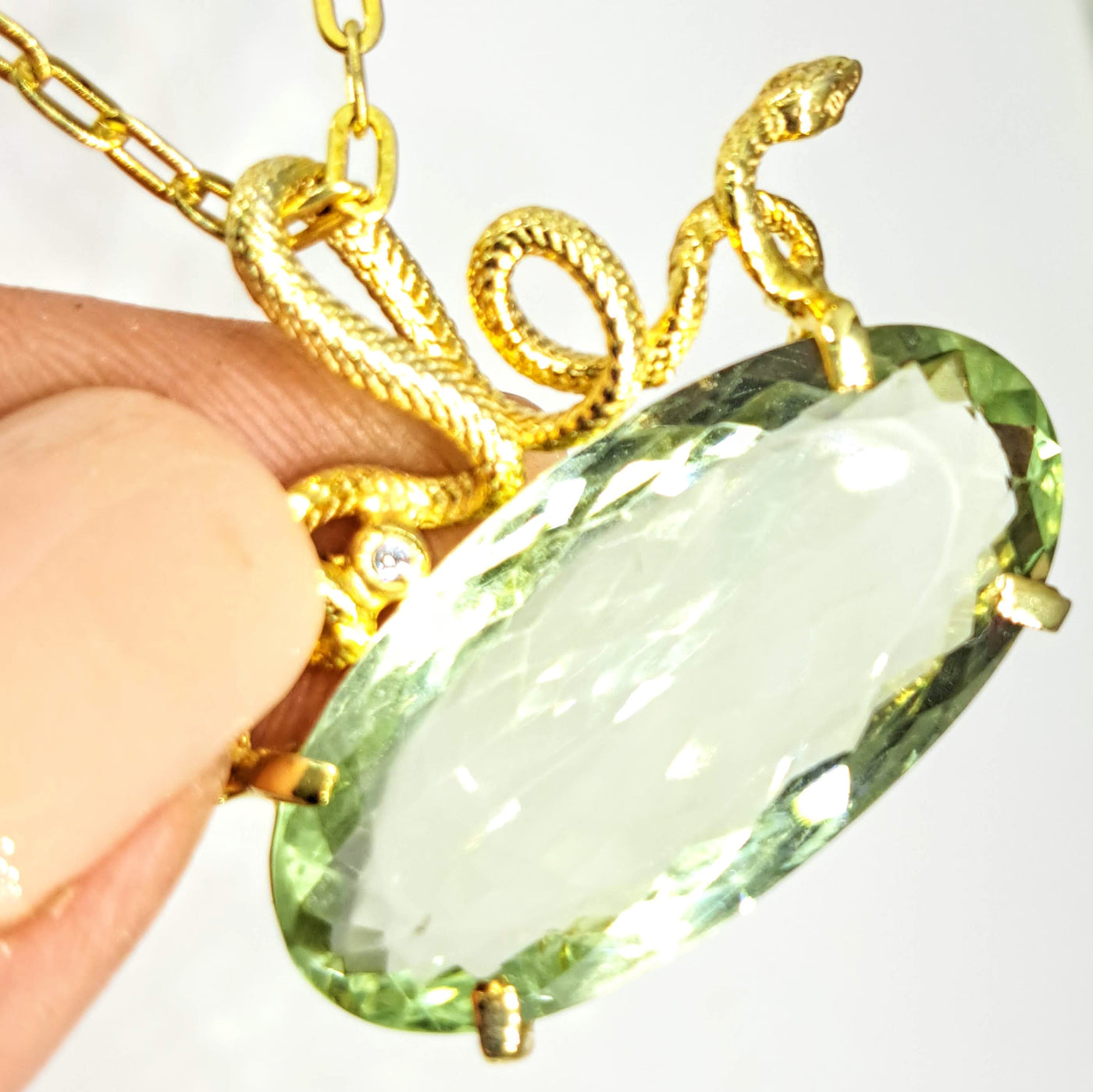 "Come, Slither!" 20-22" Necklace - Green Amethyst, Zircon Stone, Gold Sterling, 18k