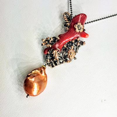 "Branchin' Out" 16"-18" Necklace by Barb - Ethical Coral Branch, Baroque Pearl, Black Sterling, Rose Gold Accents