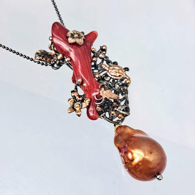 "Branchin' Out" 16"-18" Necklace by Barb - Ethical Coral Branch, Baroque Pearl, Black Sterling, Rose Gold Accents
