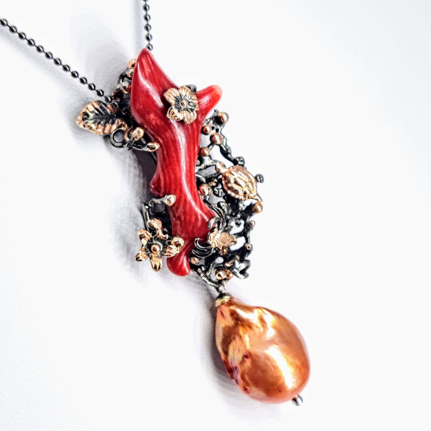 "Branchin' Out" 16"-18" Necklace by Barb - Ethical Coral Branch, Baroque Pearl, Black Sterling, Rose Gold Accents