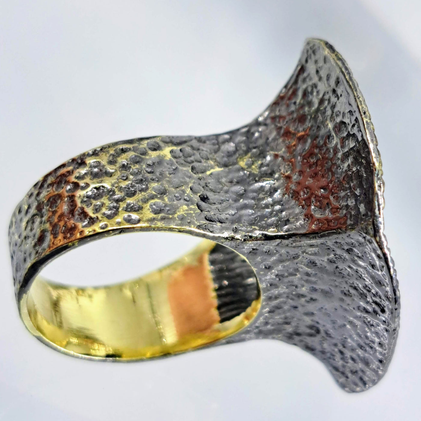 "Trumpet Coral" Sz 8.5 Ring - Tourmaline, Tanzanite, Aquamarine, Black Sterling, 18K Gold