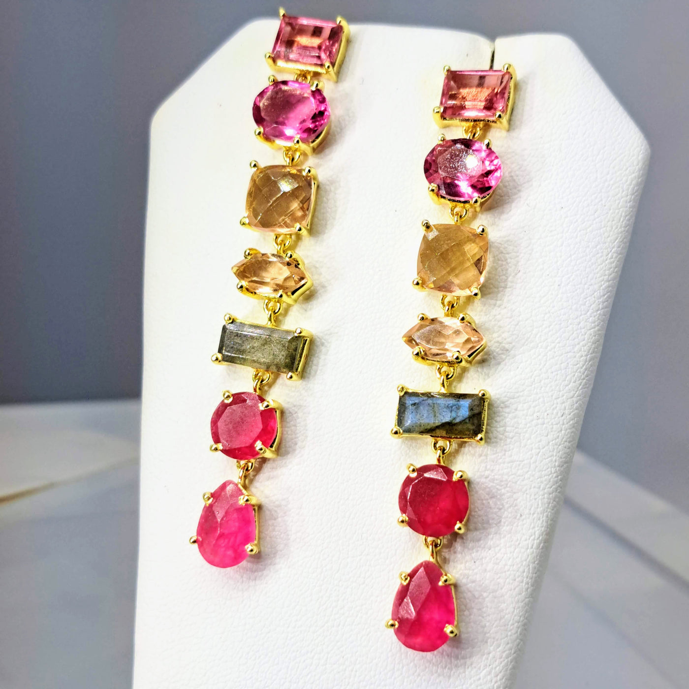 "PINK!" 2.5" Earrings - Pink Tourmaline, Topaz, Morganite, Labradorite, Ruby, 18k GPB