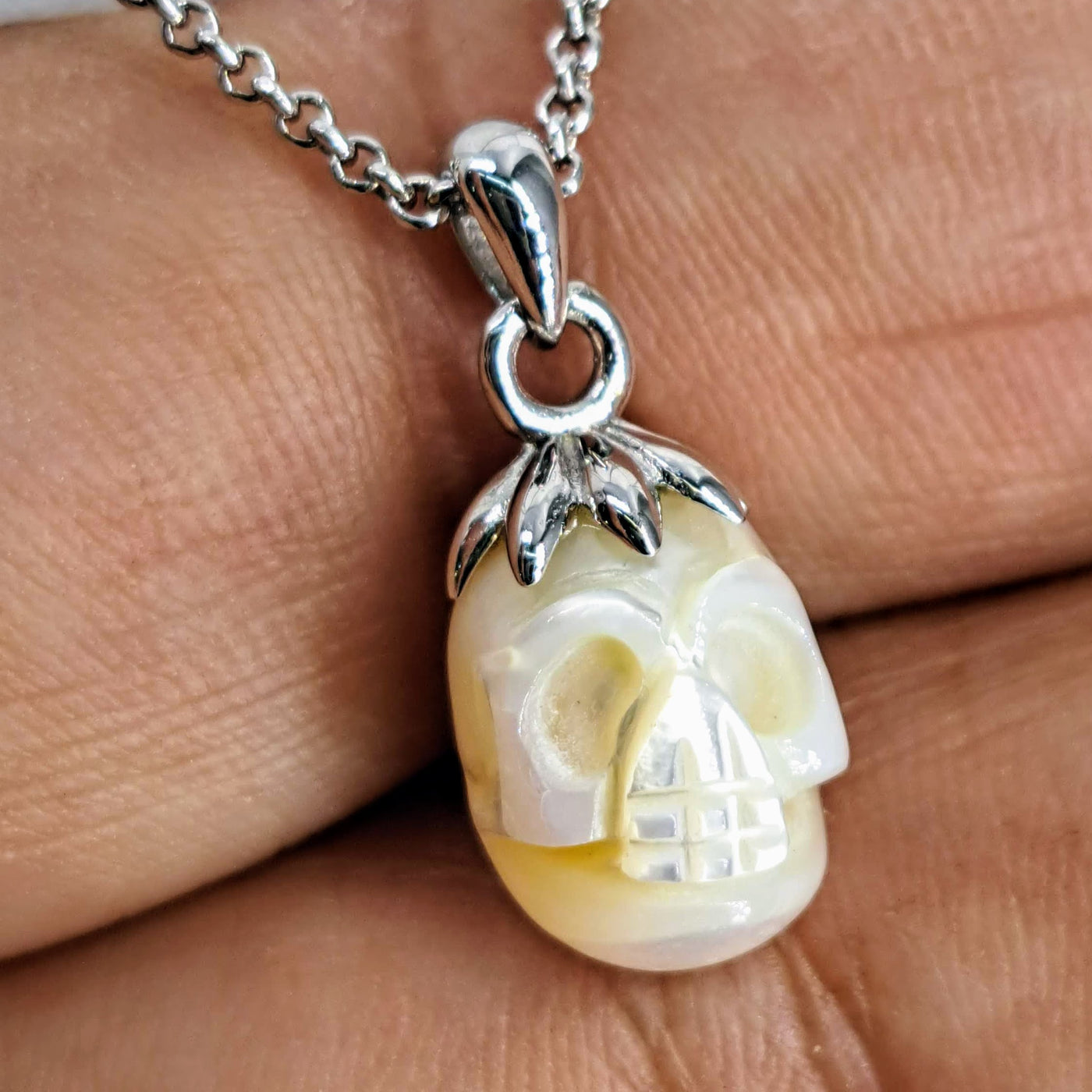 "Bone Island Charmer" Pendant Necklace - (Silver Or White) Carved Pearl Skull, Sterling