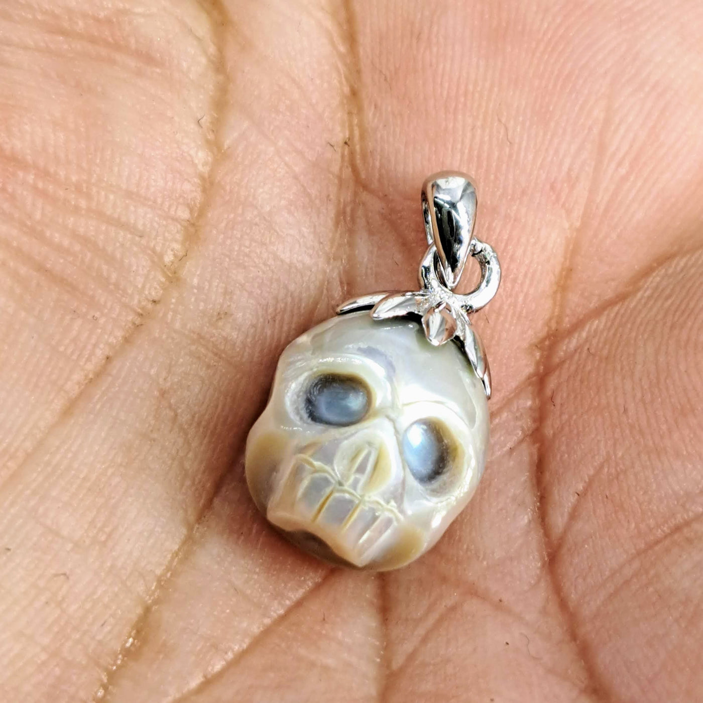 "Bone Island Charmer" Pendant Necklace - (Silver Or White) Carved Pearl Skull, Sterling