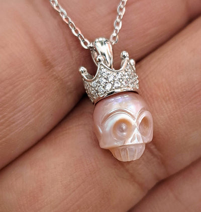 "Sugar King" Pendant 16-18" Necklace - Pearl 'Sugar Skull', Crystal, Anti-tarnish Sterling