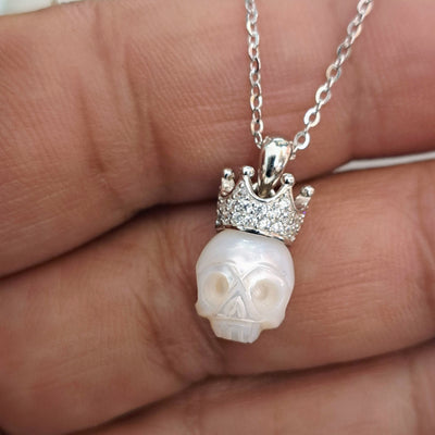 "Sugar King" Pendant 16-18" Necklace - Pearl 'Sugar Skull', Crystal, Anti-tarnish Sterling