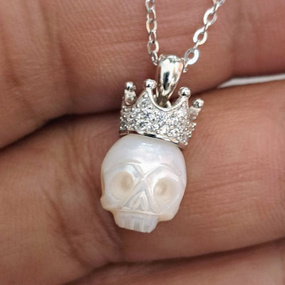 "Sugar King" Pendant 16-18" Necklace - Pearl 'Sugar Skull', Crystal, Anti-tarnish Sterling