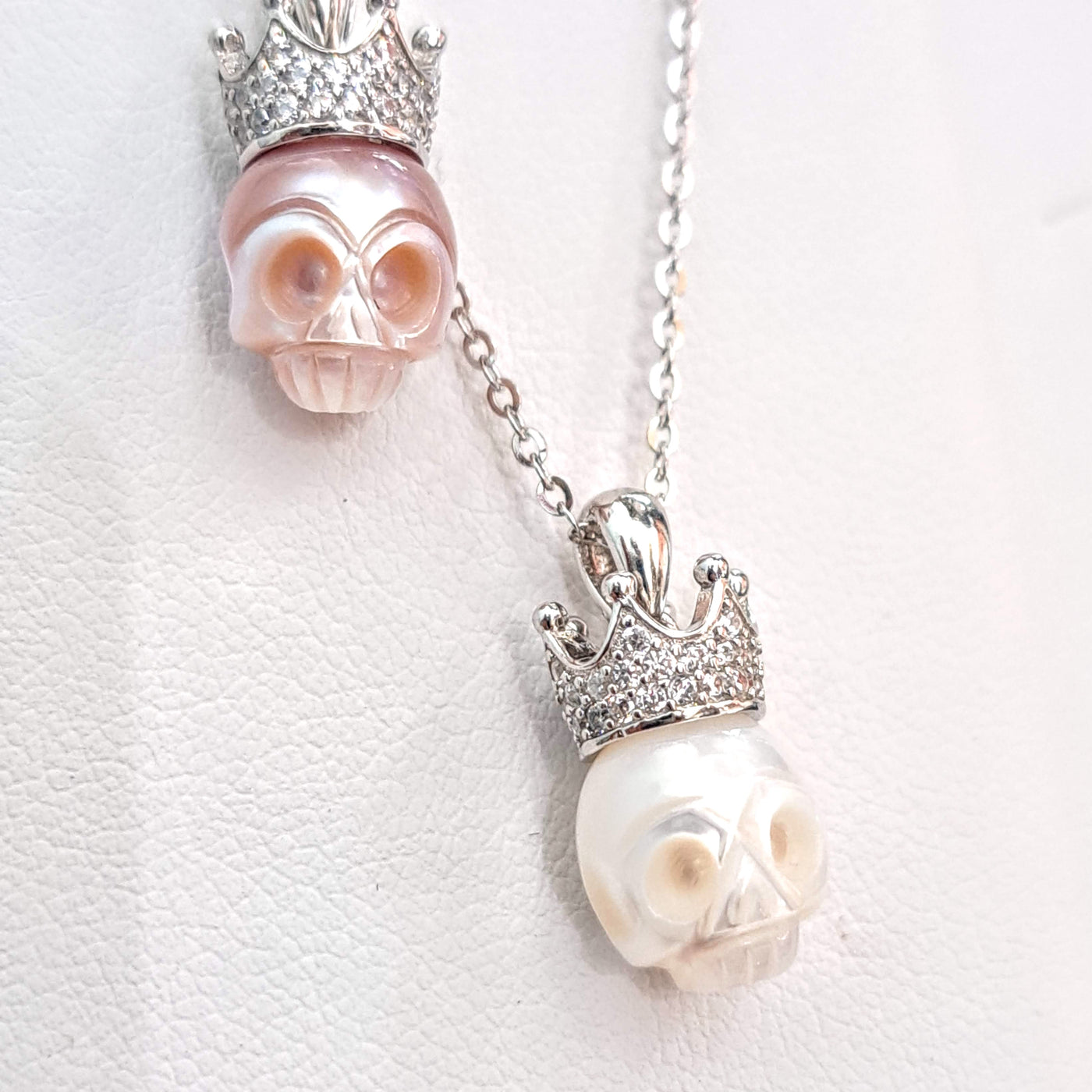 "Sugar King" Pendant 16-18" Necklace - Pearl 'Sugar Skull', Crystal, Anti-tarnish Sterling