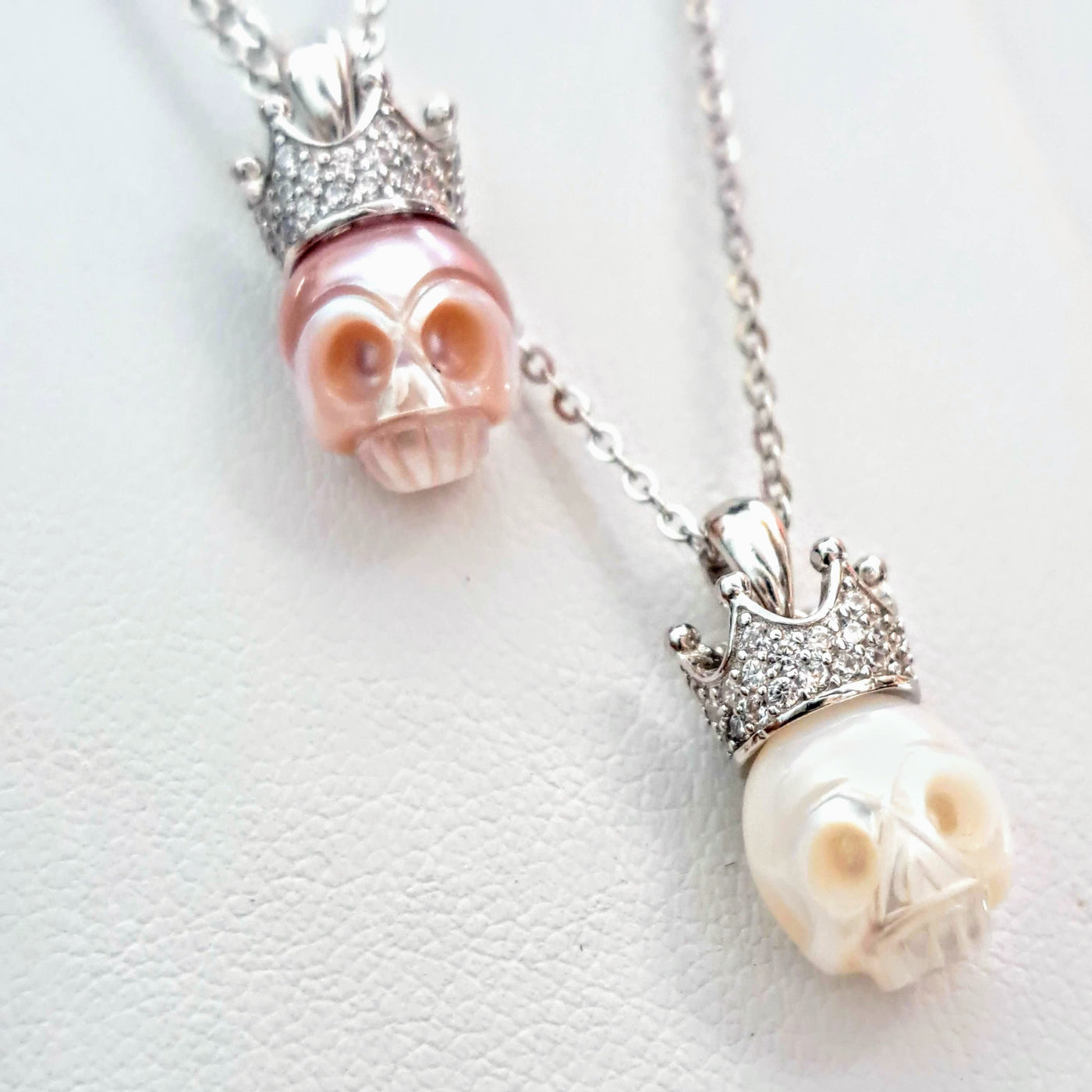 "Sugar King" Pendant 16-18" Necklace - Pearl 'Sugar Skull', Crystal, Anti-tarnish Sterling