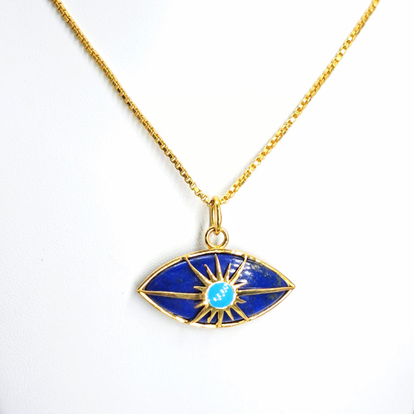 "Old Blue Eye" 16-17" Pendant Necklace - Lapis, Enamel, Gold-plated Jeweler's Brass